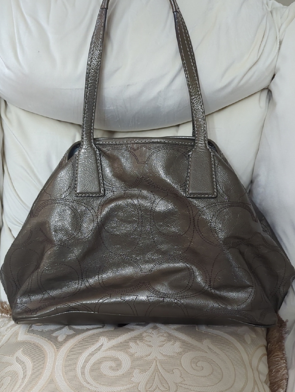 Coach Metallic Silver Leather Tote Bag - Picture 3 of 8